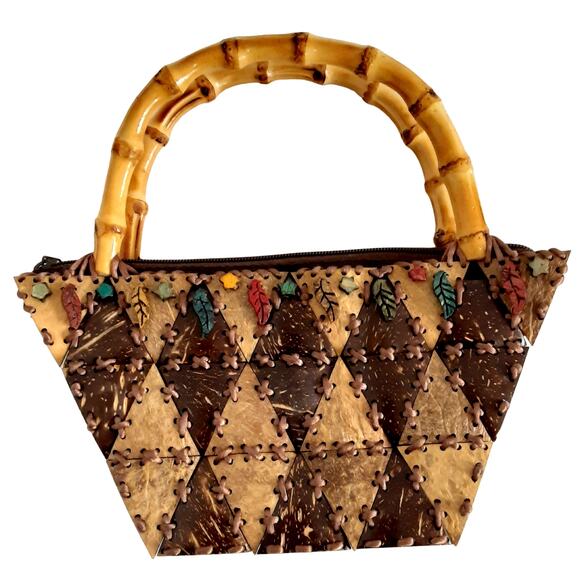 Vintage Bamboo Coconut Shell Handbag Patchwork Bohemian Handmade Tropical Art - Picture 1 of 12